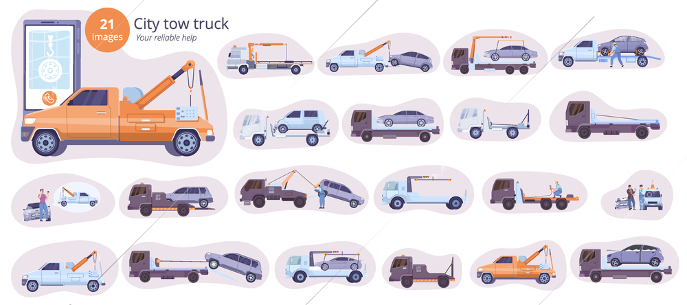 Car evacuation service design concept with 21 variants of city tow trucks flat vector illustration