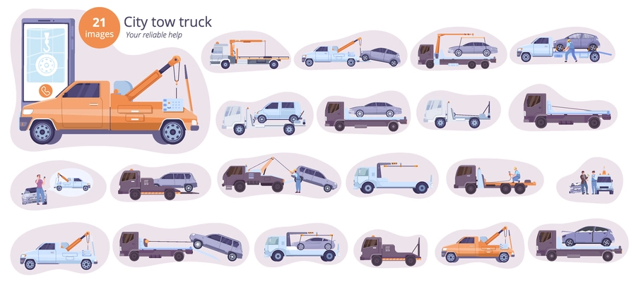 Car evacuation service design concept with 21 variants of city tow trucks flat vector illustration