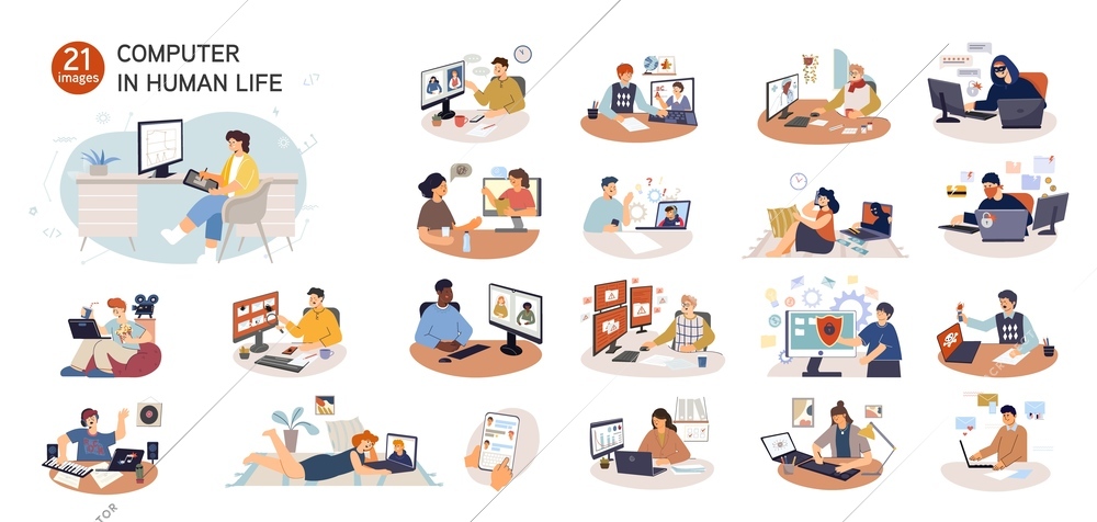 Computer people set of flat isolated compositions with human characters working with laptops and desktop computers vector illustration