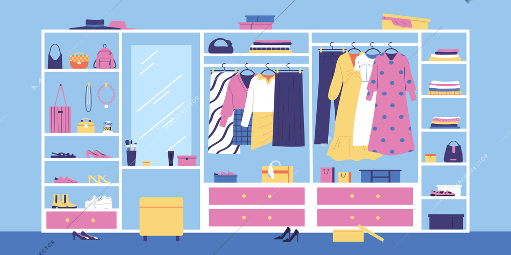 Trendy female wardrobe with clothing shoes accessories bijouterie mirror racks and drawers on blue background flat vector illustration