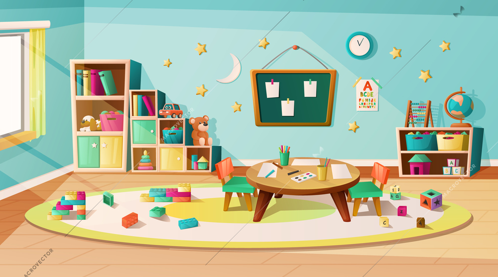 Kindergarten kiddie room interior with round table for drawing chairs toys and poster with alphabet cartoon vector illustration