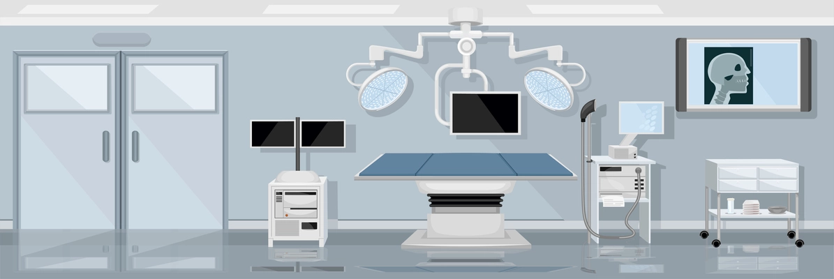 Medical operating room horizontal illustration demonstrated modern advanced equipment for surgery operation flat vector illustration