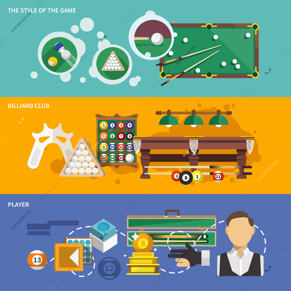 Billiards banner set with style of game club and player isolated vector illustration