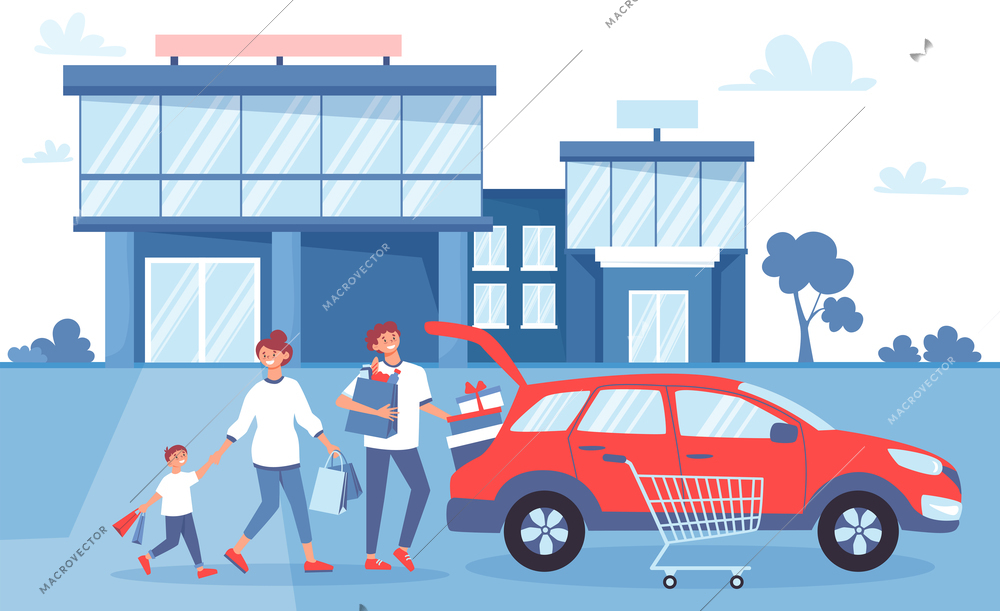 Shopping car composition with outdoor scenery and store building with family characters loading goods into car vector illustration