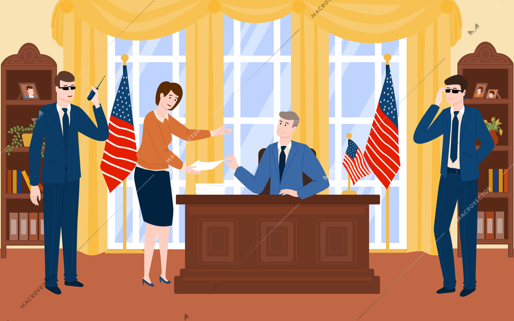 President sitting at his desk at office with female secretary and two bodyguards flat vector illustration