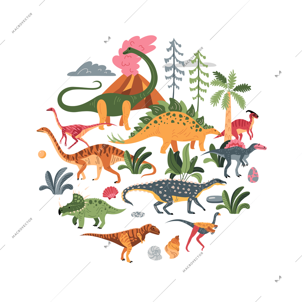 Dinosaurs circle composition of isolated dino icons with eggs ancient shells volcano mountain and exotic plants vector illustration