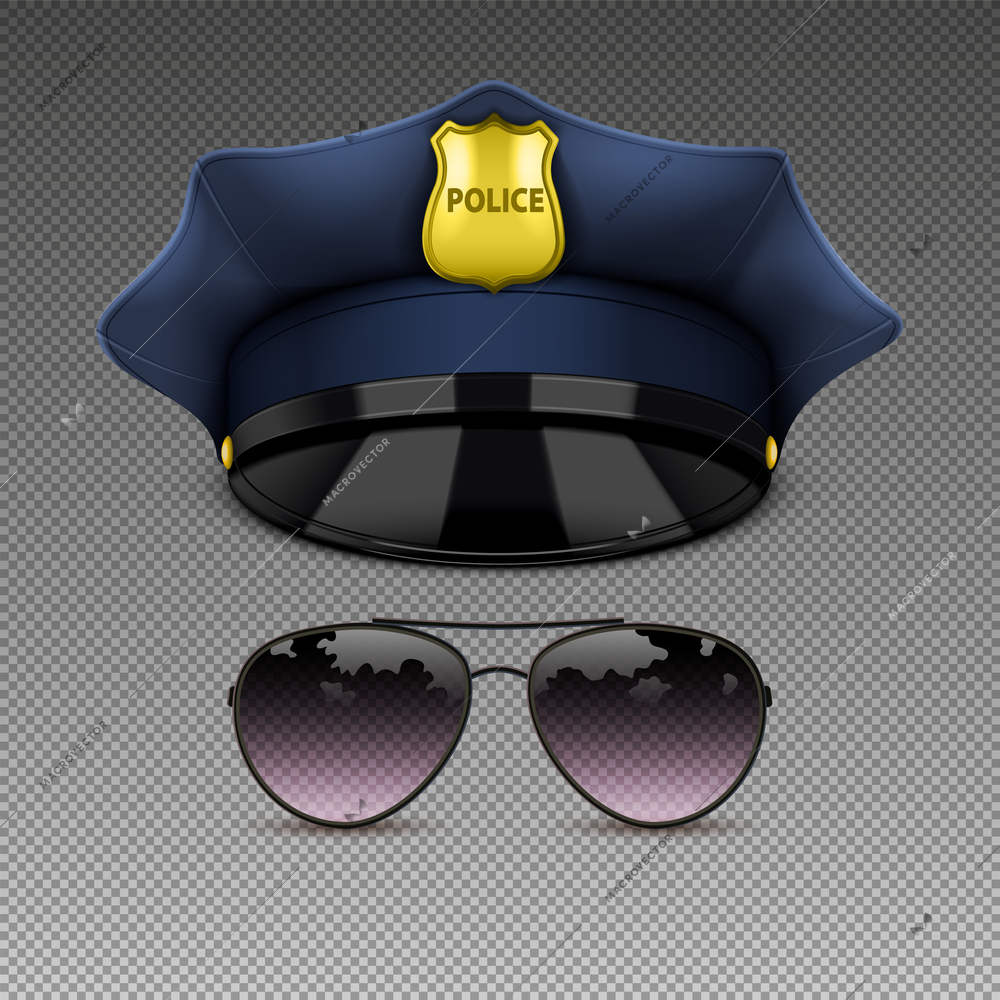 Set with isolated images of police officers hat with shield and aviator eyeglasses on transparent background vector illustration