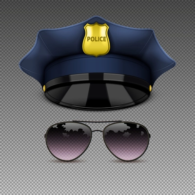 Set with isolated images of police officers hat with shield and aviator eyeglasses on transparent background vector illustration