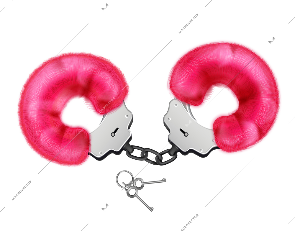 Fluffy handcuffs realistic composition with isolated images of soft pink wristbands with metal chain and keys vector illustration