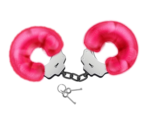 Fluffy handcuffs realistic composition with isolated images of soft pink wristbands with metal chain and keys vector illustration