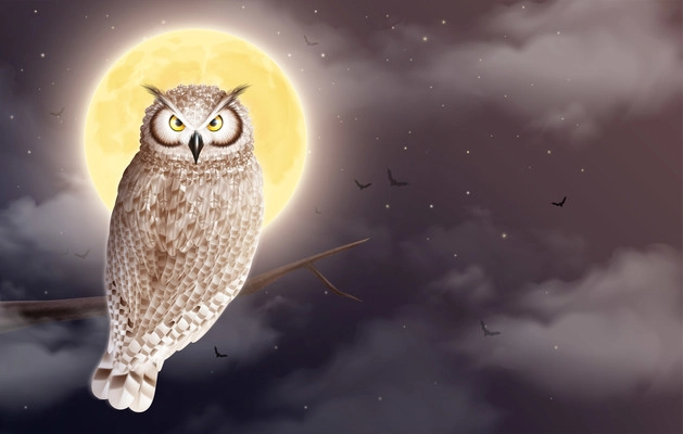 Owl realistic night composition with nocturnal scenery and bird sitting on branch in front of moon vector illustration