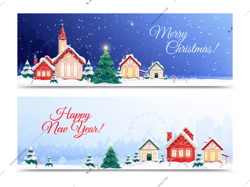 Christmas houses horizontal banners set with ornate text and outdoor landscapes with decorated buildings and cityscapes vector illustration
