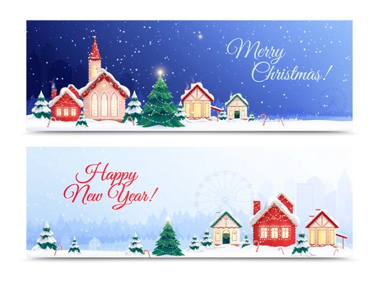 Christmas houses horizontal banners set with ornate text and outdoor landscapes with decorated buildings and cityscapes vector illustration