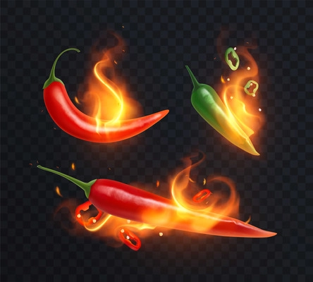 Hot burning paprica pepper realistic composition with isolated images of fire flames with pepper fruits slices vector illustration