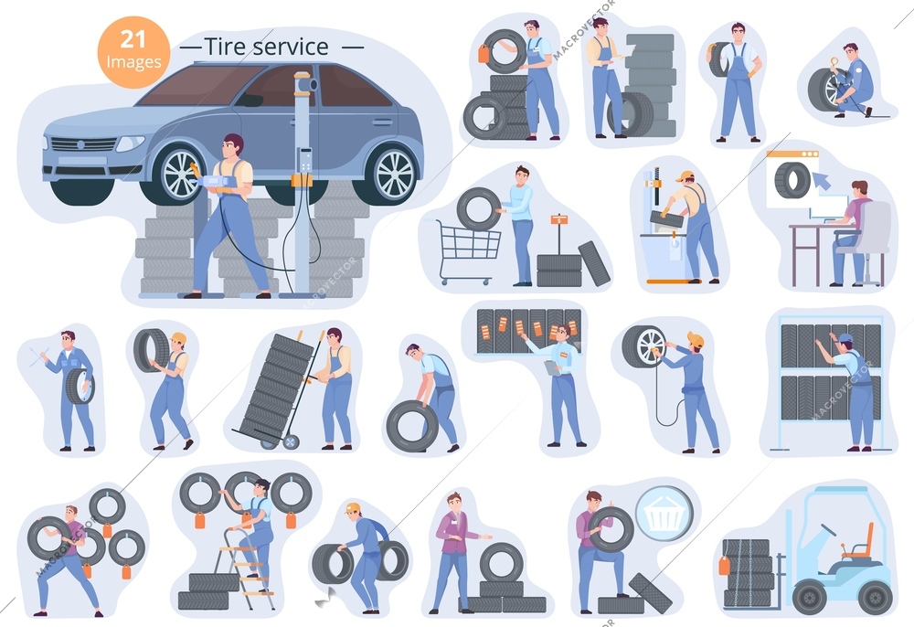 Flat composition set with workers in uniform doing different work at tire service and shop isolated vector illustration