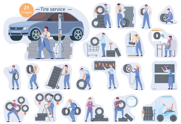 Flat composition set with workers in uniform doing different work at tire service and shop isolated vector illustration