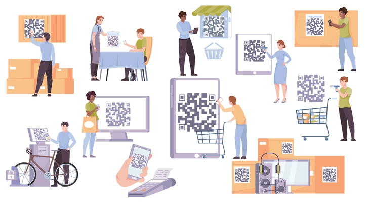 People scanning qr code at cafe supermarket warehouse shop flat set isolated vector illustration