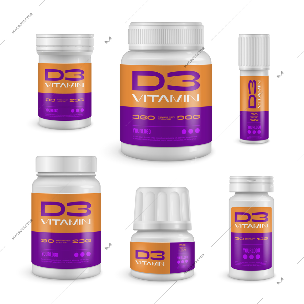 Vitamin bottle packaging realistic set with healthcare symbols isolated vector illustration