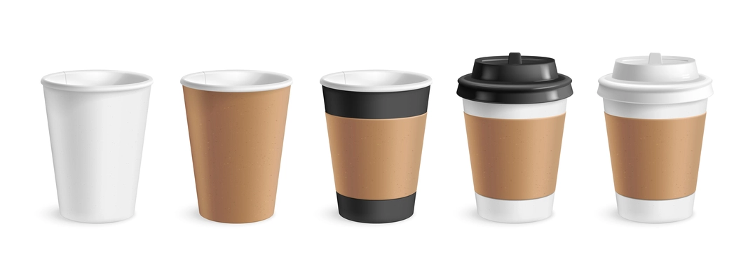 Blank coffee cups with drink takeaway symbols realistic set isolated vector illustration