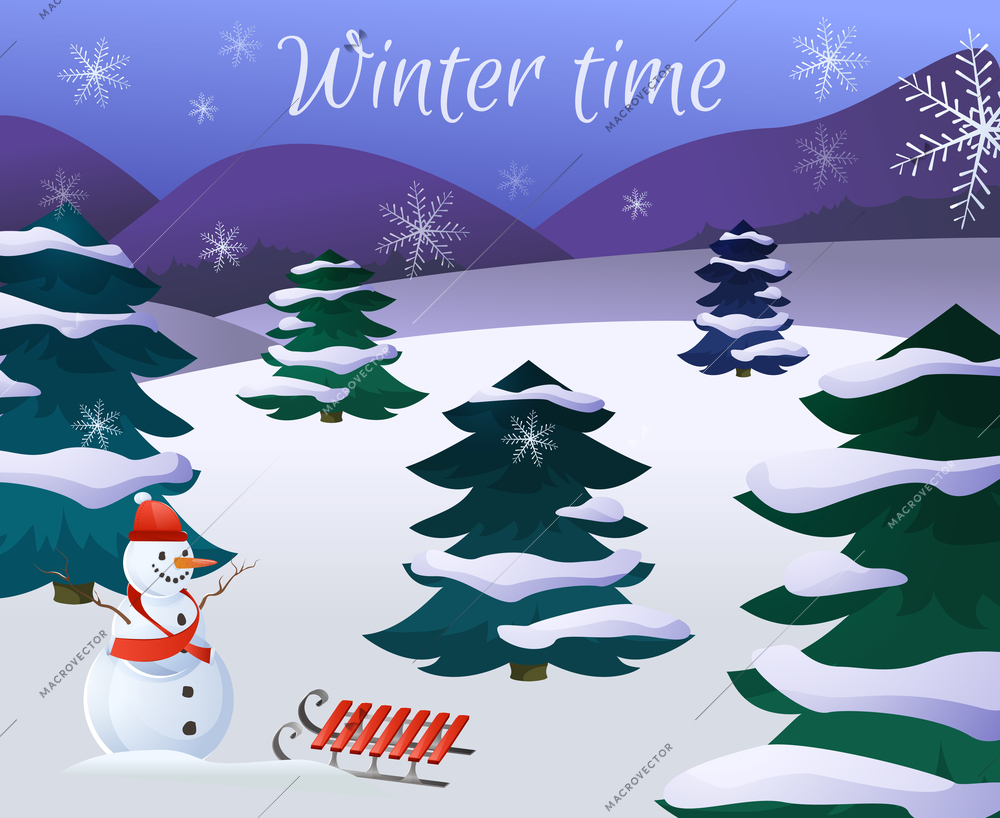 Winter landscape poster with christmas trees wood snowman and sledge vector illustration