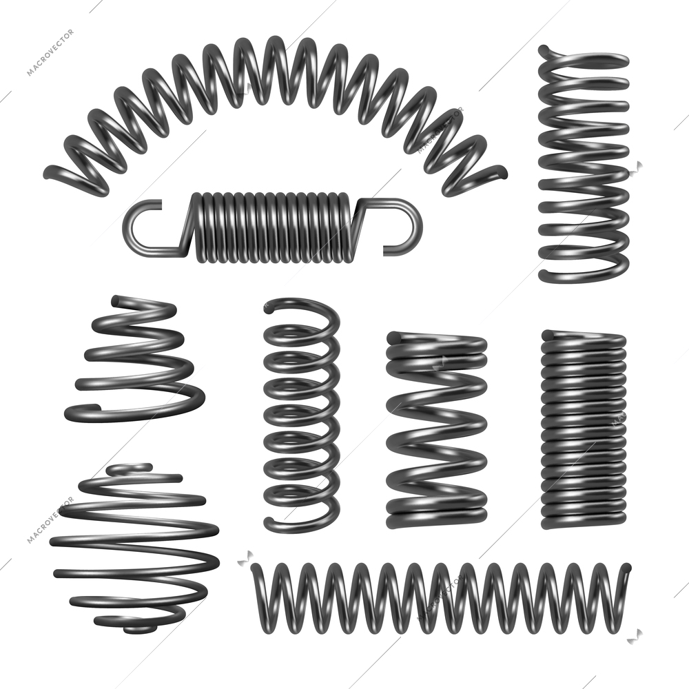 Metal spring black realistic set with grip isolated vector illustration