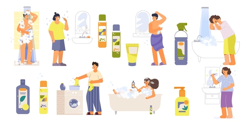 Set of isolated shower gel flat icons with tubes bottles and human characters washing their bodies vector illustration