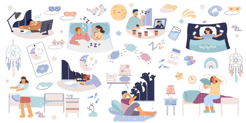 Sleep problem disorder set of flat isolated icons with doodle pictograms sleeping accessories and human characters vector illustration