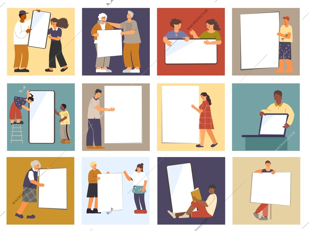 People banner set of flat square compositions with human characters of different age holding empty placards vector illustration