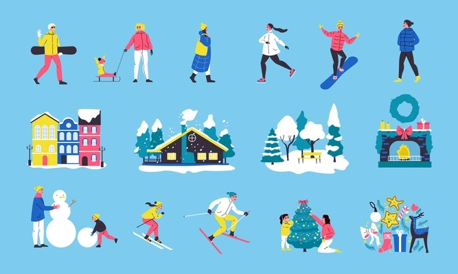 Winter activity flat color set with adults and children skiing skating making snowman isolated vector illustration