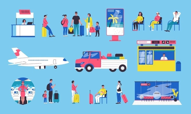 Tourist flat color set with passengers airport checkpoint baggage truck airplane stewardess in cabin isolated icons vector illustration