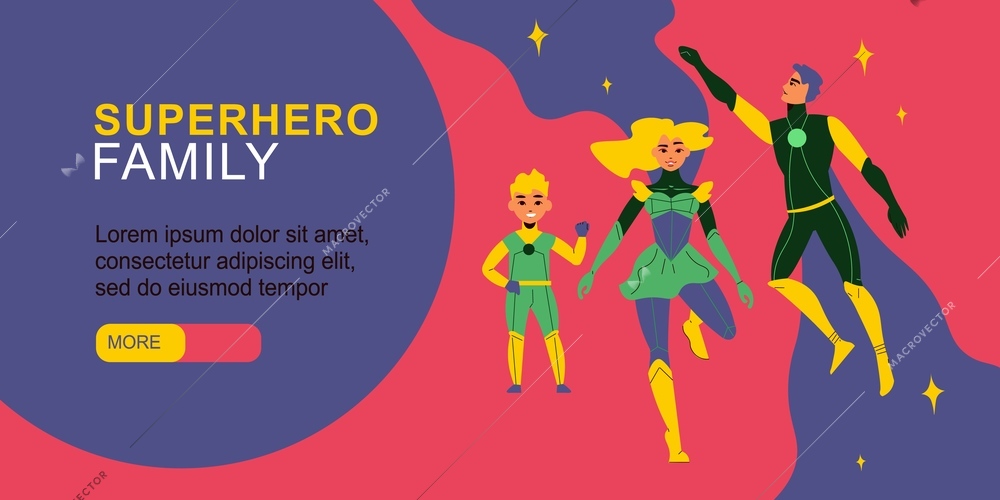 Superhero family horizontal banner with mother father and son hovering above planet in stellar space flat vector illustration