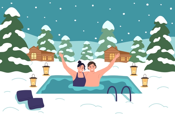 Healthy life hardening composition with outdoor landscape with snow trees houses and happy couple in pool vector illustration