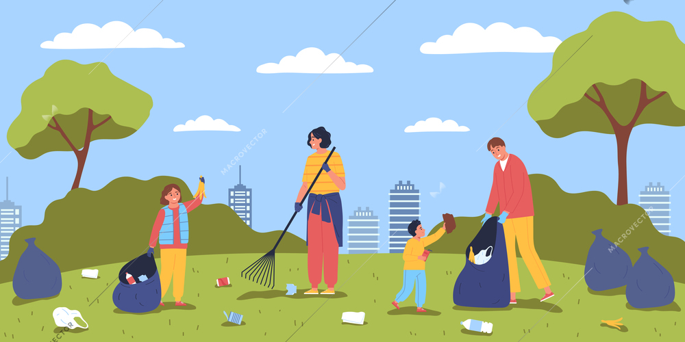 Ecology pollution cleaning composition with urban scenery cityscape and group of adults and children gathering trash vector illustration