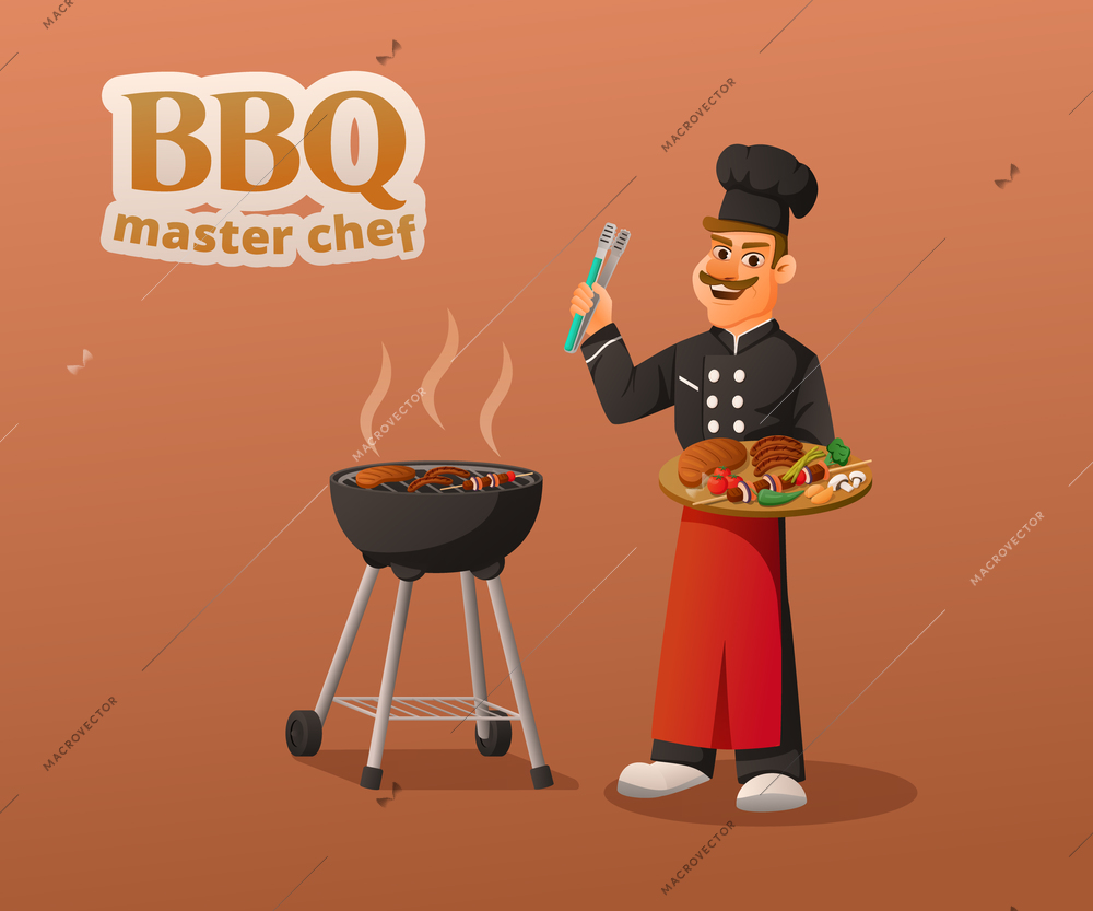 Master chef bbq cartoon composition with cook roasting shish kebab and sausages on grill vector illustration