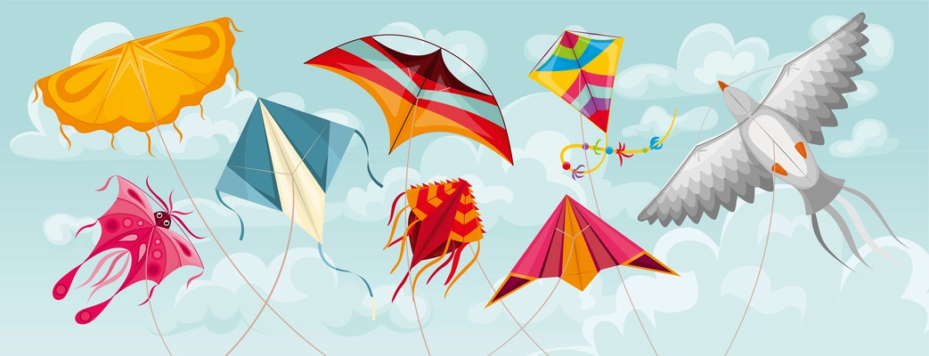 Flying wind kites of different types and shapes on blue cloudy sky background flat vector illustration