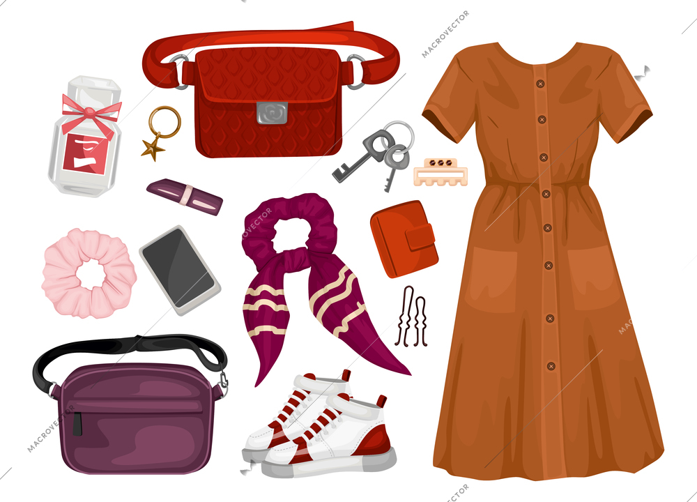 Trendy clothes set with isolated icons of female dress with boots scarf waist bag and accessories vector illustration