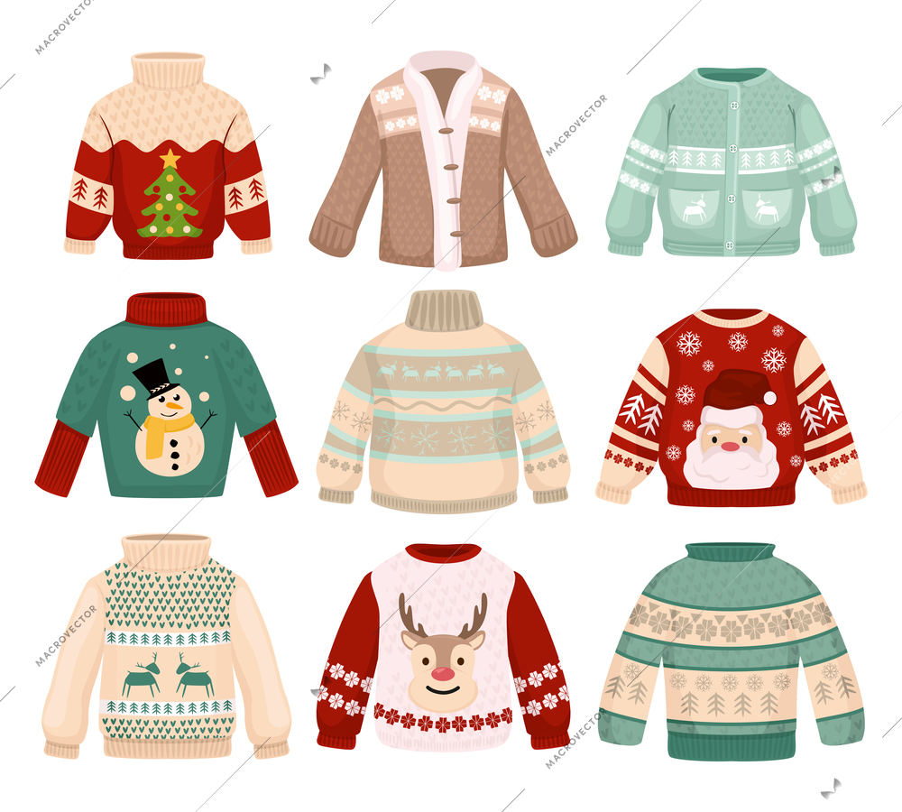 Handmade christmas sweaters set with traditional north ornamental pattern santa claus and snowman images isolated vector illustration