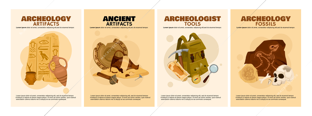 Archeology ancient artifacts set of four vertical posters with editable text and compositions of archeological icons vector illustration