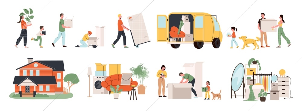 Family relocating flat set of parents with their kids moving to new house isolated vector illustration