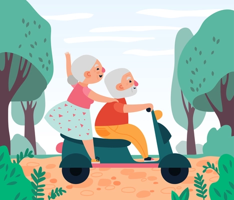 Elderly people ride a motor bicycle through the woods flat vector illustration