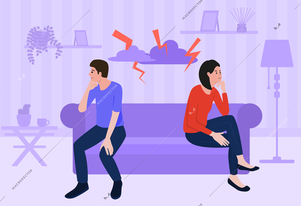 Divorce couple flat background with wife and husband characters in home interior having problems in relationships vector illustration