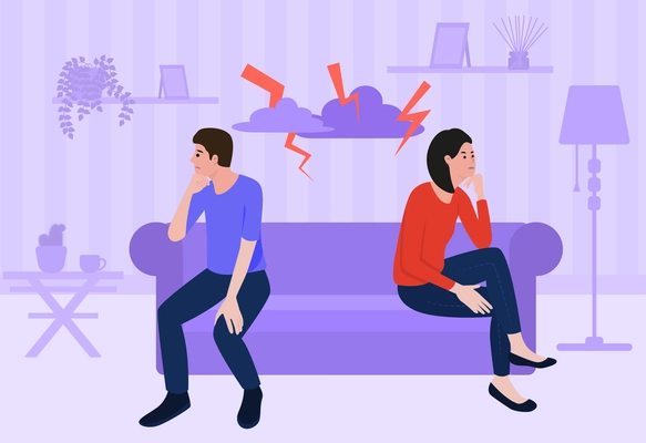 Divorce couple flat background with wife and husband characters in home interior having problems in relationships vector illustration