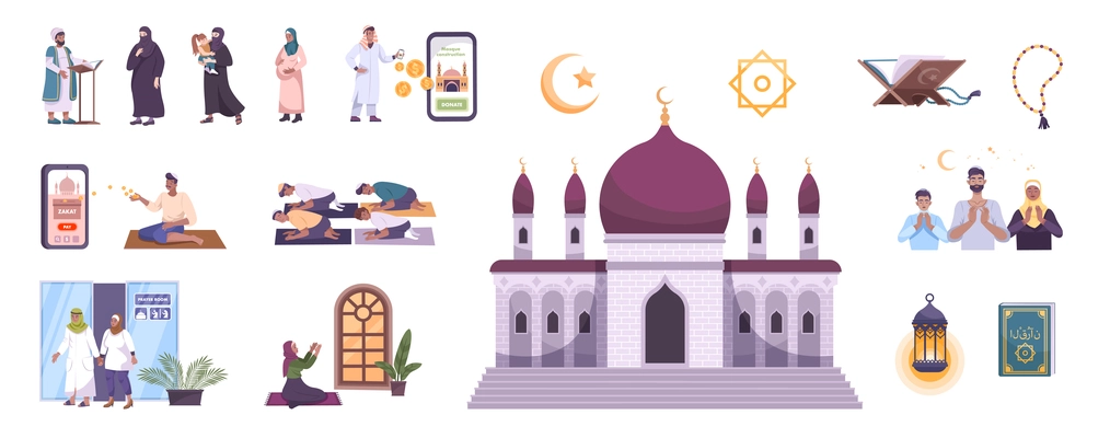 Islam modern people set of flat isolated icons with human characters smartphones and traditional religion symbols vector illustration