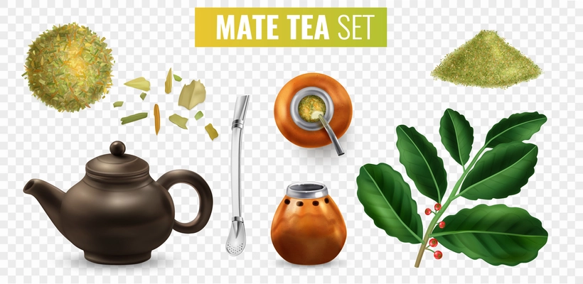 Mate tea realistic set with teapot calabash bombilla leaves isolated on transparent background vector illustration