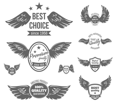 Wing black label best choice premium perfect royal quality guaranteed set isolated vector illustration