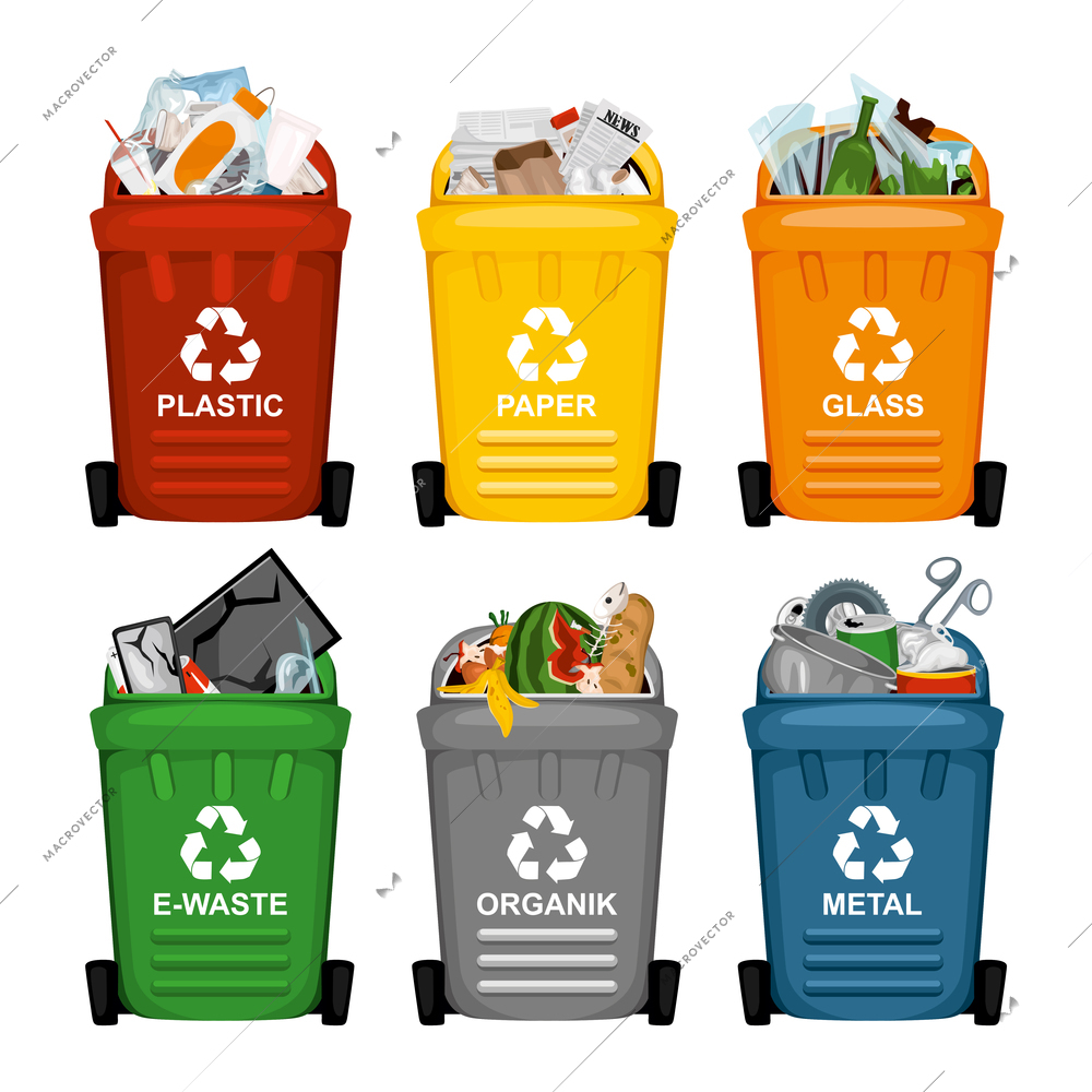 Set of six isolated plastic garbage containers with wheels and text with recycle symbol and waste vector illustration