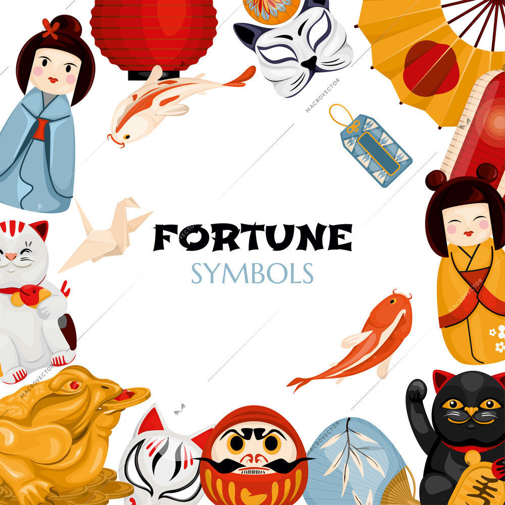 Japanese fortune symbol composition with ornate text and frame with images of souvenirs and holiday accessories vector illustration