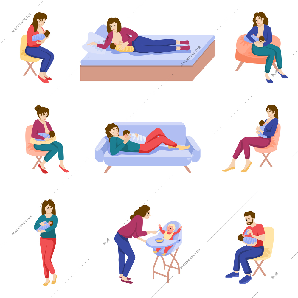 Baby breast feeding flat set of isolated icons with characters of mother and father nursing babies vector illustration