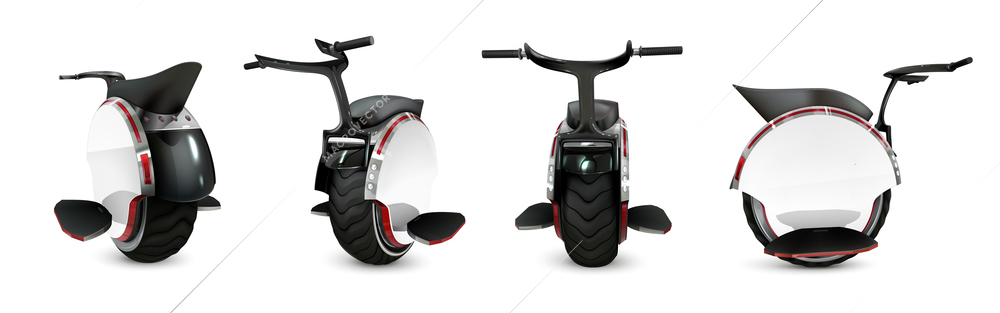 Monowheel white realistic set of four isolated icons with different angle views of modern monocycle vehicle vector illustration