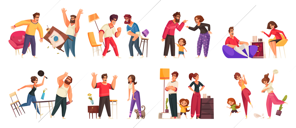 Conflicting people set of isolated compositions with cartoon style characters of friends and family in quarrel vector illustration